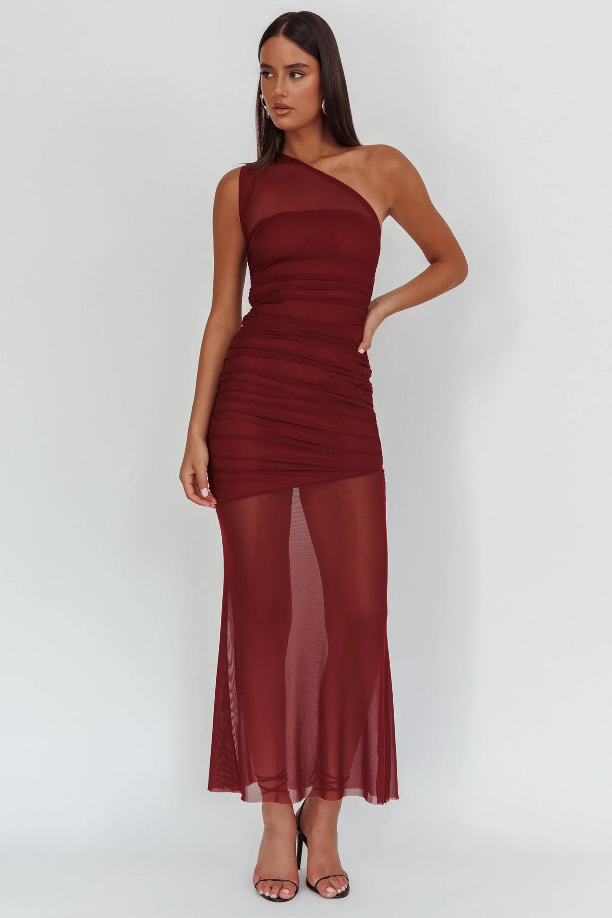 Verity One-Shoulder Sheer Maxi Dress Wine