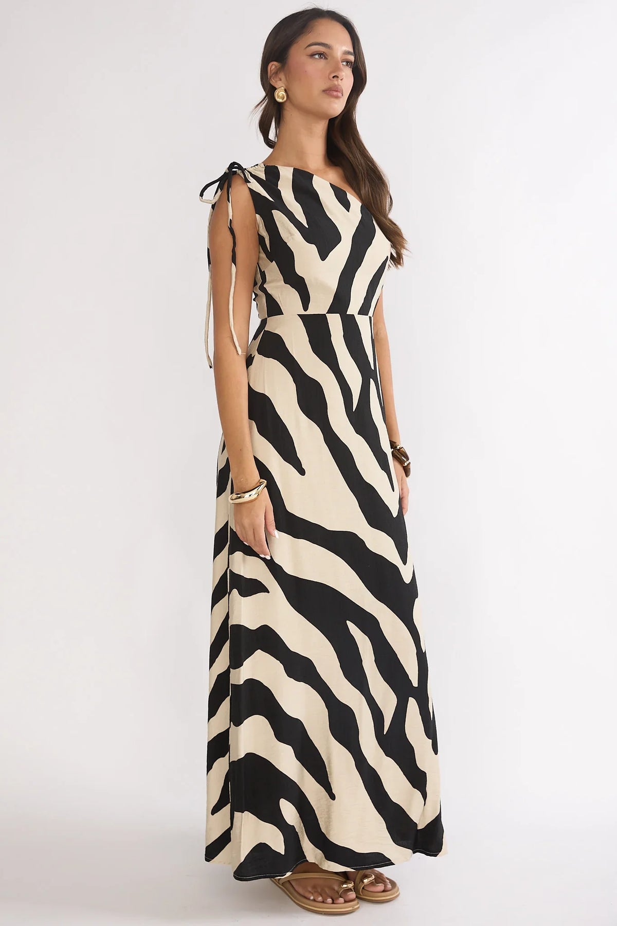 Tavina One-Shoulder Maxi Dress Zebra Black