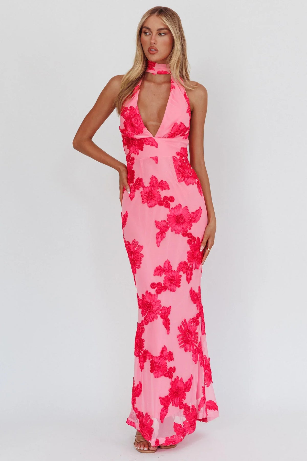 Cipriana Backless Halter Maxi Dress Embellished Pink