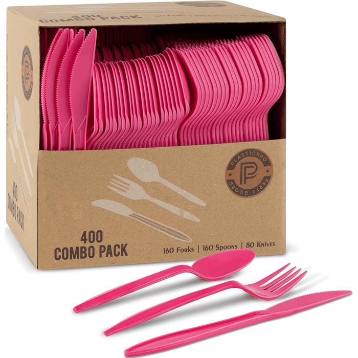 Plastic Silverware Kitchen Utensil Set Disposable Plastic Forks, Spoons and Knives, 400 Pack, Pink - Wichita Home Outlet