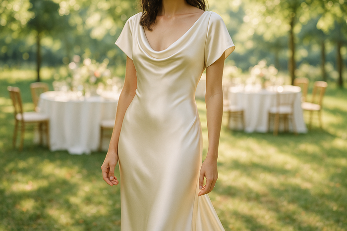 a lovely detailed dress in outdoor day light party for This is a gorgeous and elegant Silk Charmeuse in a classic bridal Off-White! Charmeuse is a luxury fabric that is great for any special occasion. This color is perfect for a bride! Make a nice top, skirt or bias-cut dress with this fabric!