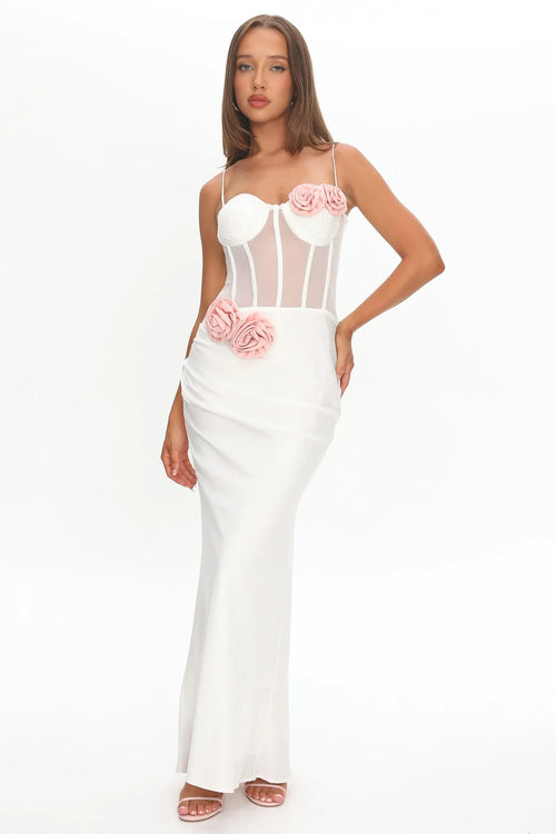 Ismera Sheer Bodice Rosette Maxi Dress White