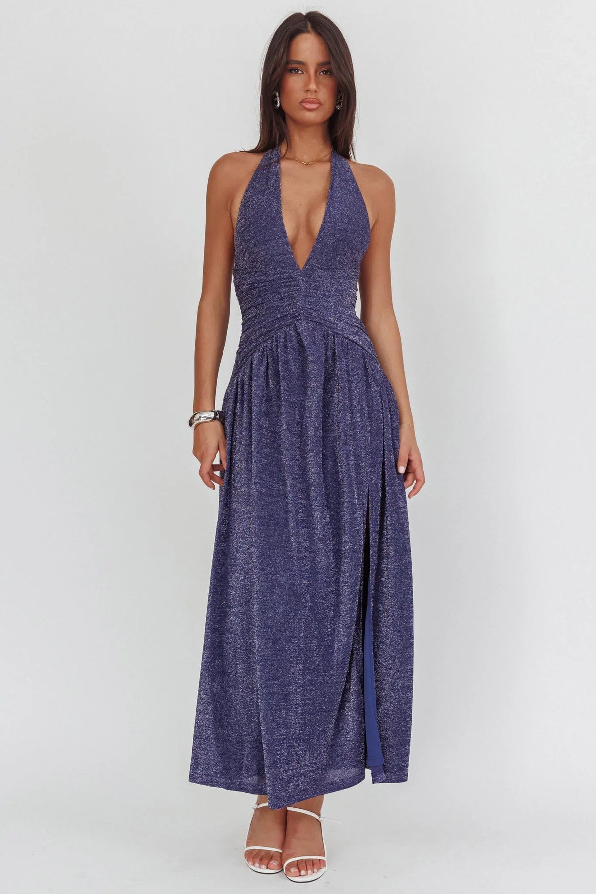 Italia Azure Gathered Waist Maxi Dress Shimmer Navy
