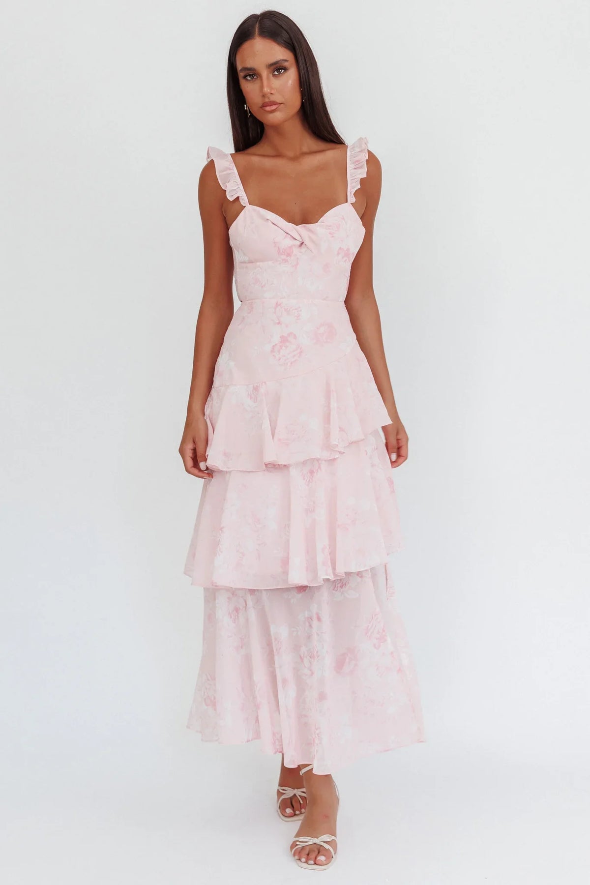 Veda Ruffle Strap Split Maxi Dress Roses Blush