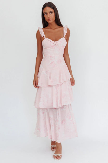 Veda Ruffle Strap Split Maxi Dress Roses Blush