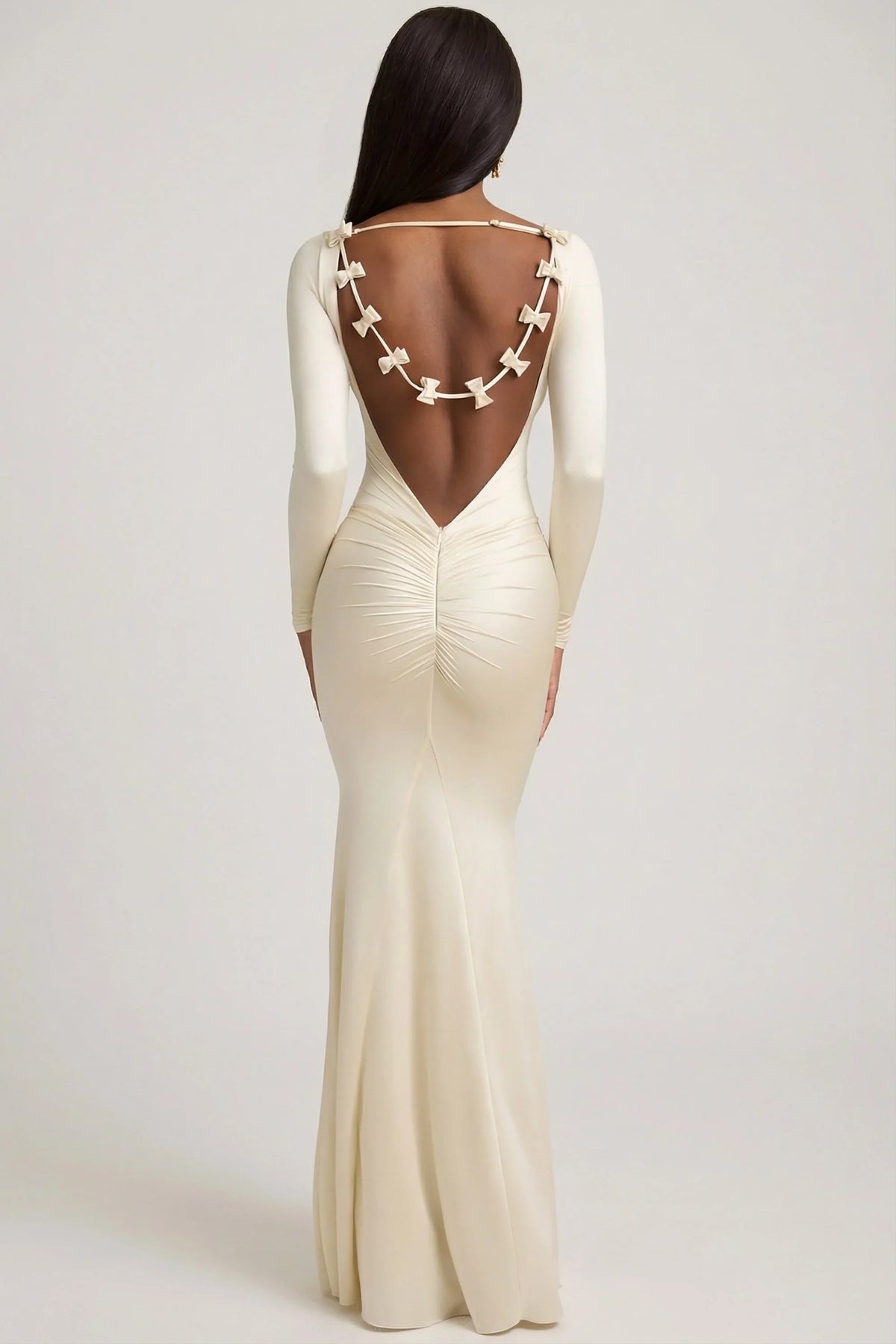 Bow-Detail Ruched Maxi Dress in Ivory