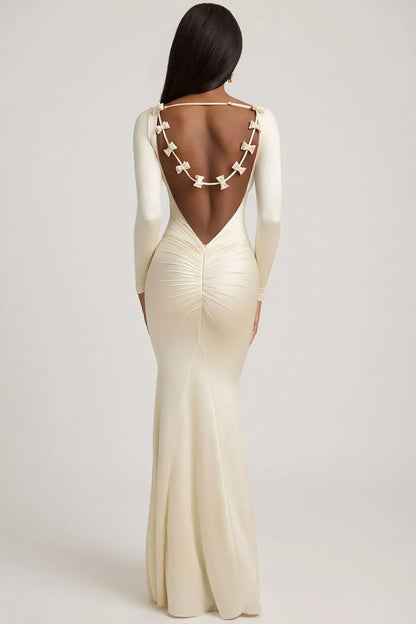 Bow-Detail Ruched Maxi Dress in Ivory