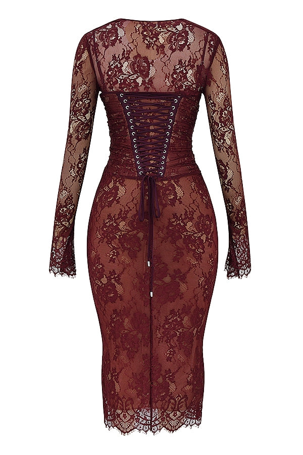 claret lace midi dress