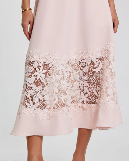 Pink Crepe Boat Neck Midi Dress With Applique Cut Out