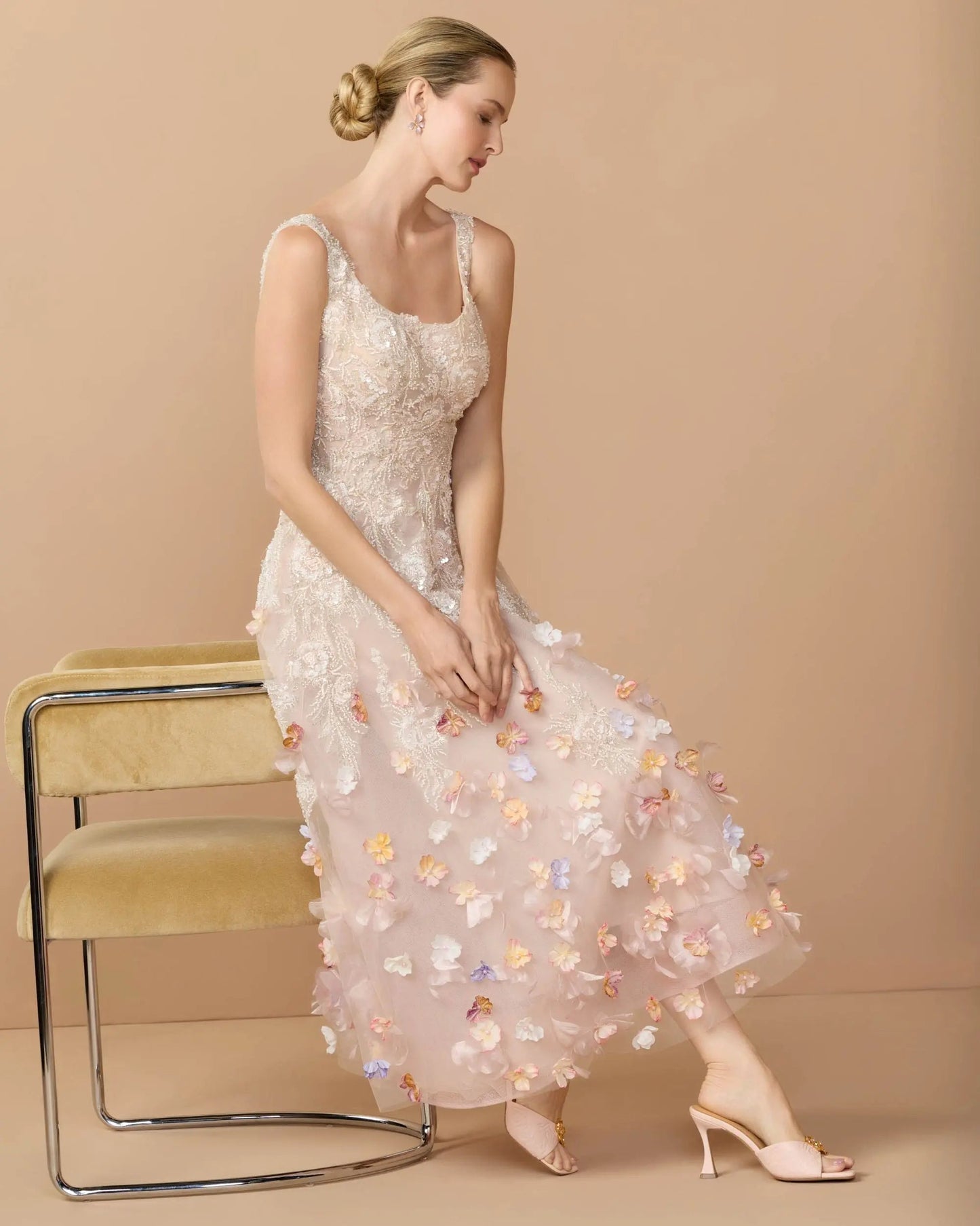 Pink Sleeveless Beaded Midi Dress With 3D Flowers