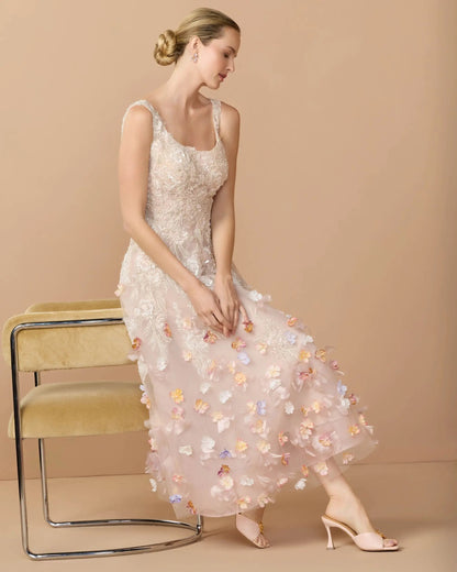Pink Sleeveless Beaded Midi Dress With 3D Flowers