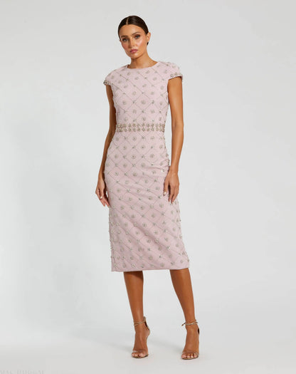Pink Hand Embellished High Neck Midi Dress