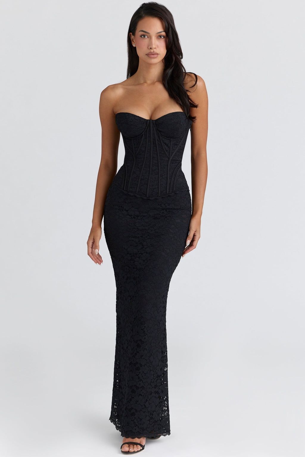 black lace corset maxi dress