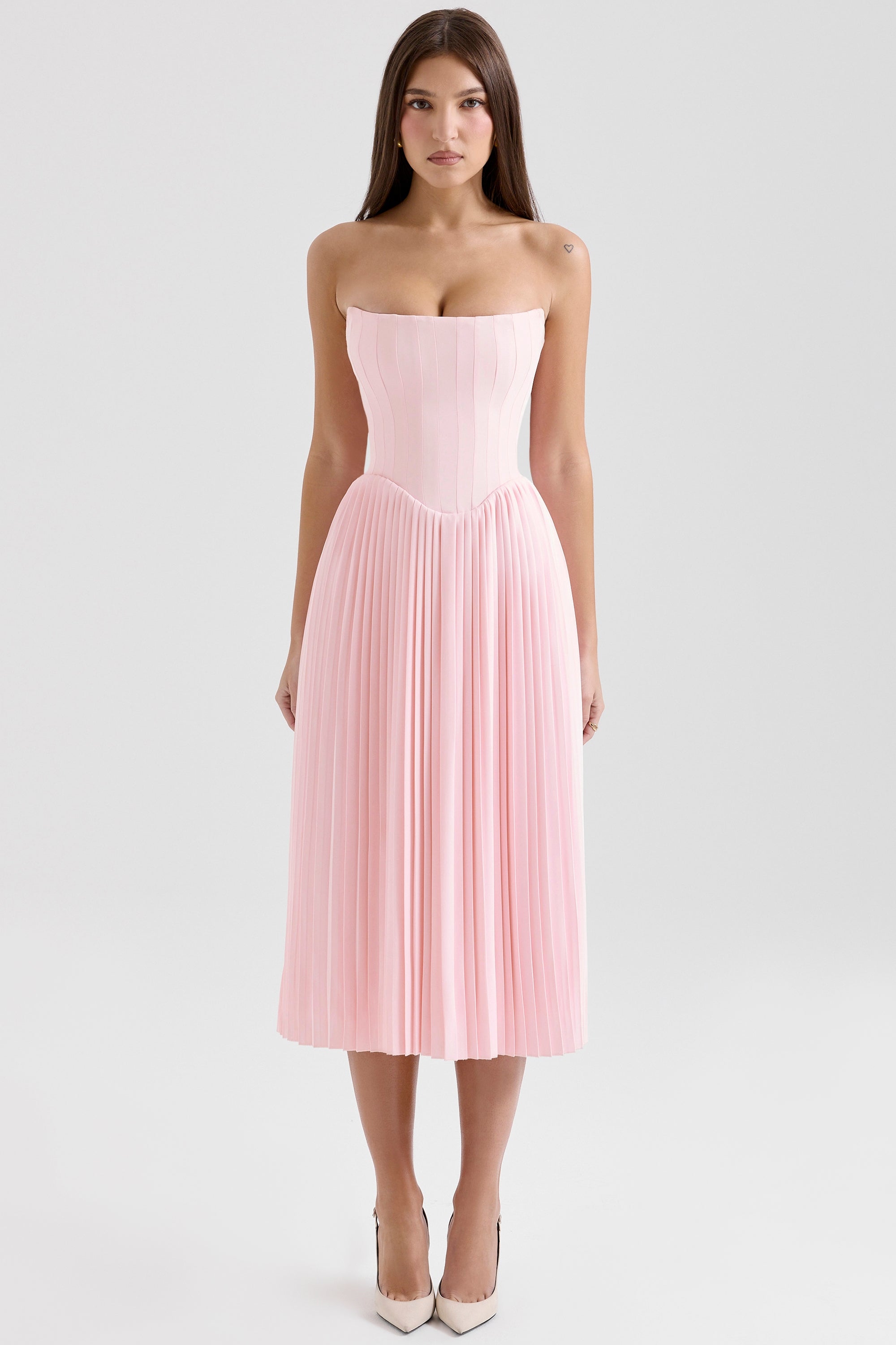 pink pleated midi corset dress