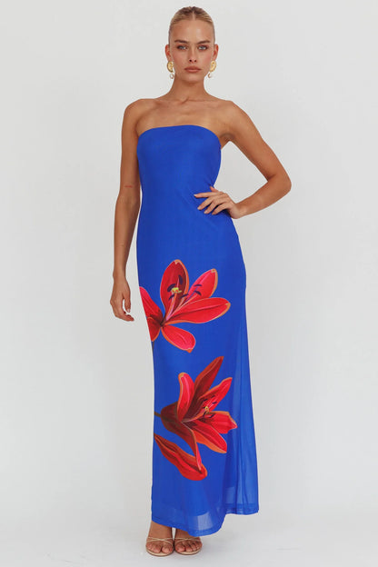 Iridian Strapless Floral Maxi Dress Blue