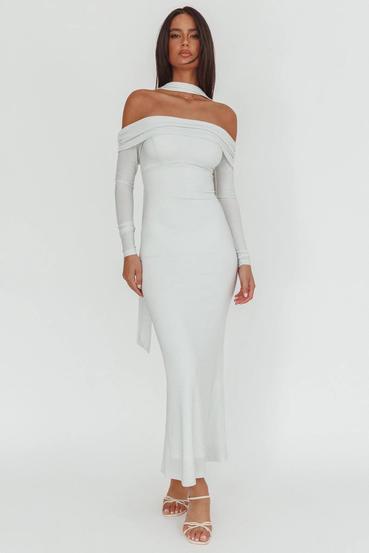 Flutters Off-Shoulder Long Sleeve Maxi Dress White