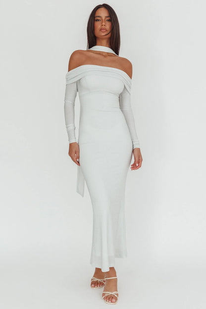 Flutters Off-Shoulder Long Sleeve Maxi Dress White