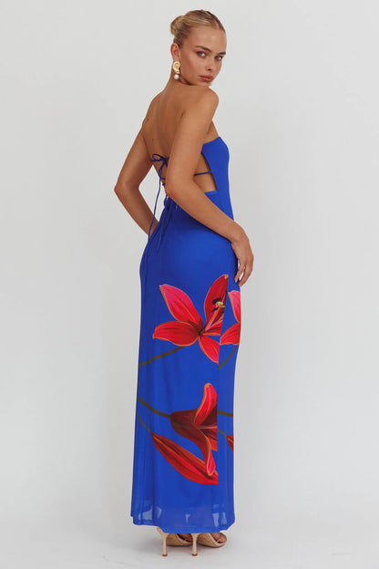 Iridian Strapless Floral Maxi Dress Blue