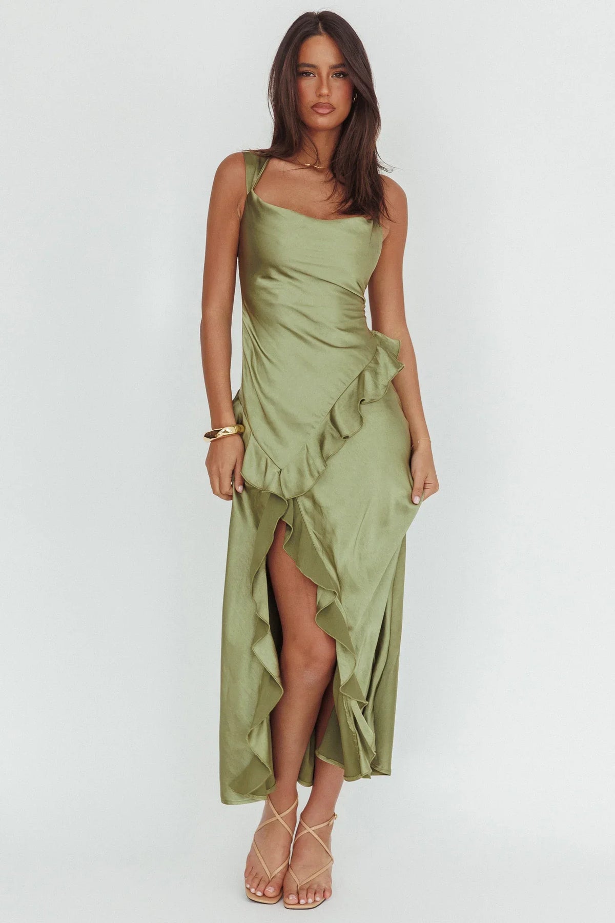 Sunshine Eternity Asymmetric Neckline Ruffle Maxi Dress Olive