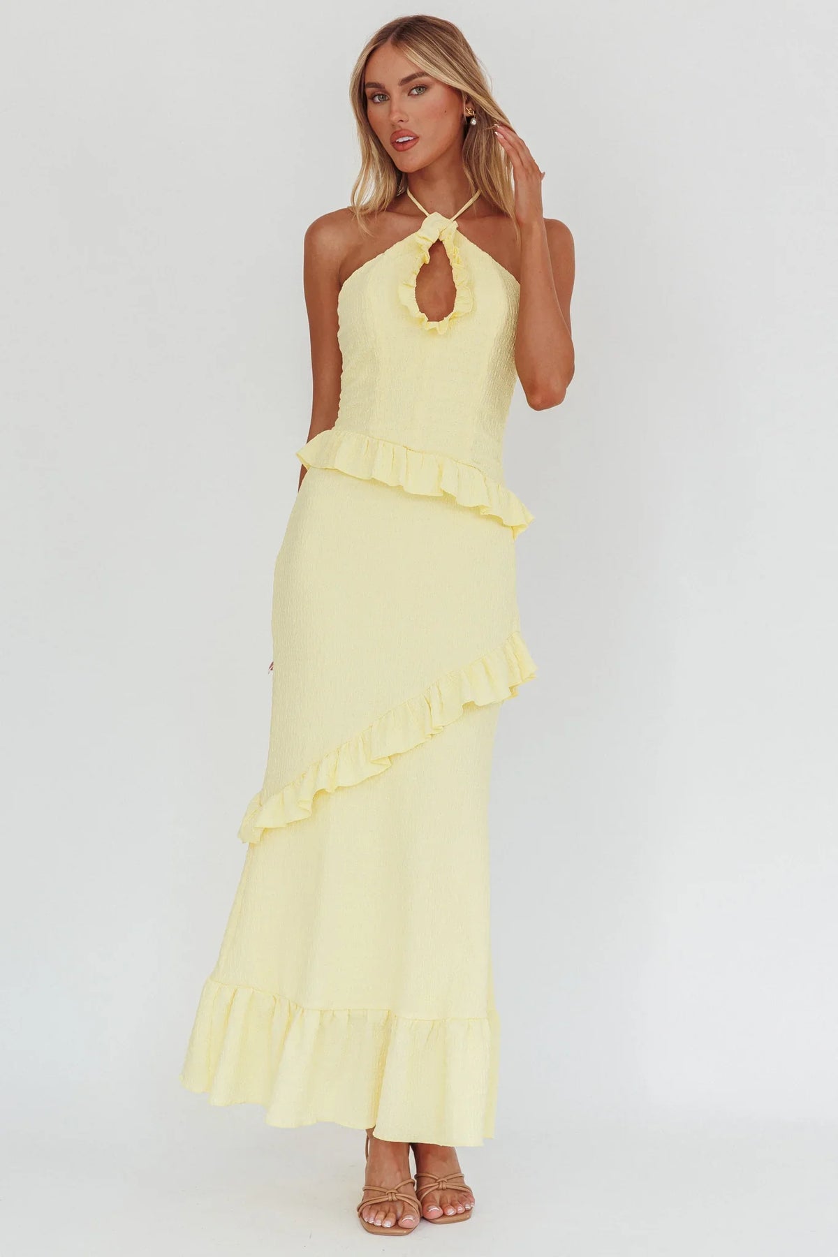 Clemence Smocked Frill Trim Maxi Dress Lemon