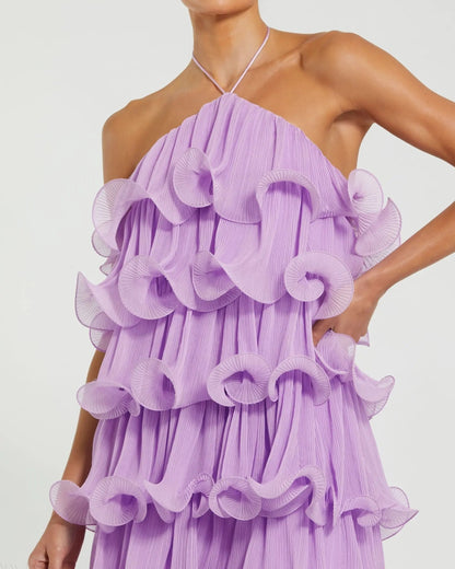 Purple Crinkle Chiffon Tiered Ruffle Mini Dress