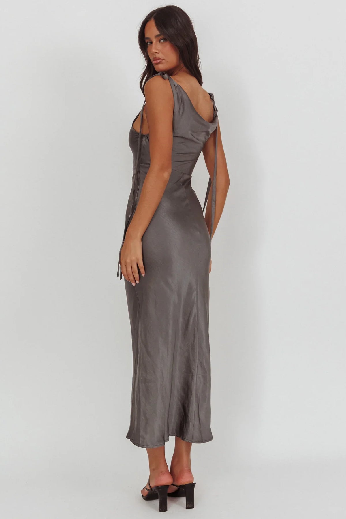 Glory Day Tied Shoulder Cowl Maxi Dress Charcoal