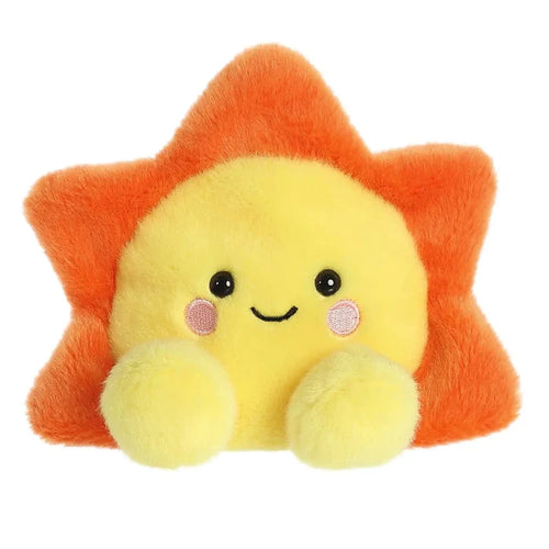 Plush star toy with a smiling face on a white background