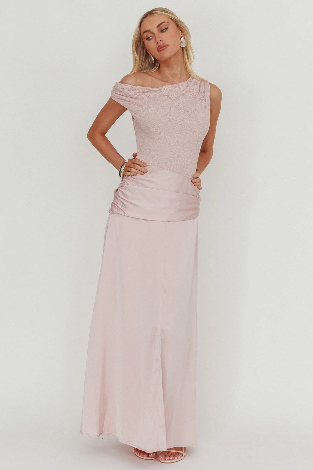 Diana Asymmetric Shoulder Pleat Waist Maxi Dress Blush