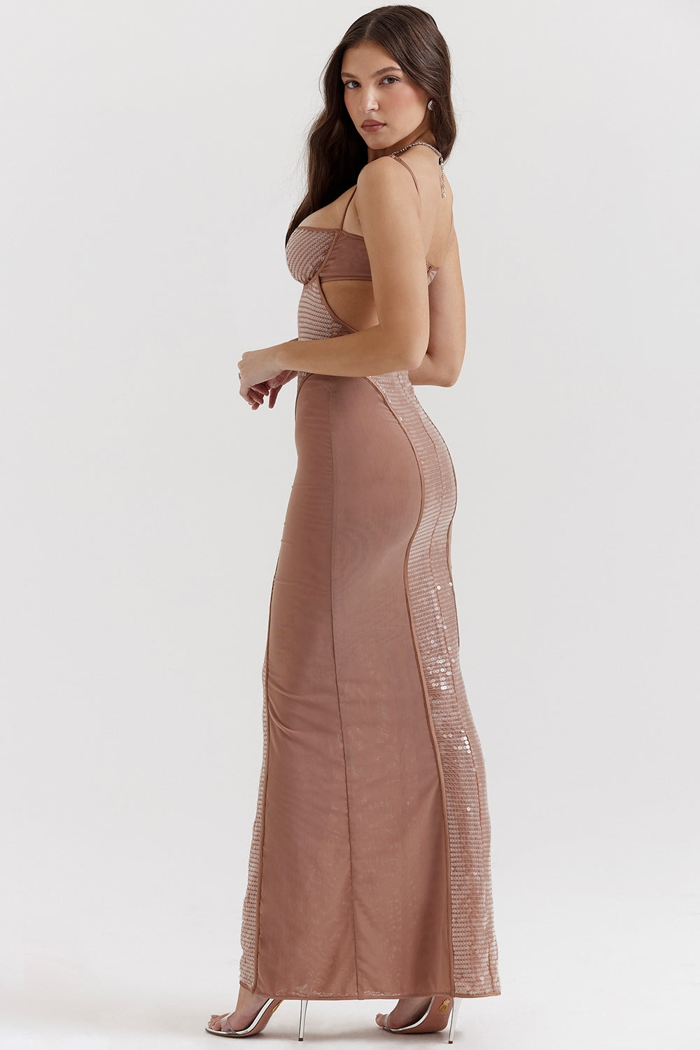 cafe au lait sequin maxi dress