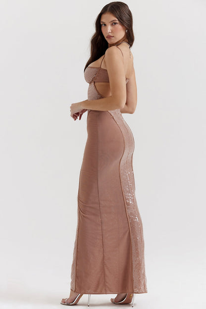 cafe au lait sequin maxi dress