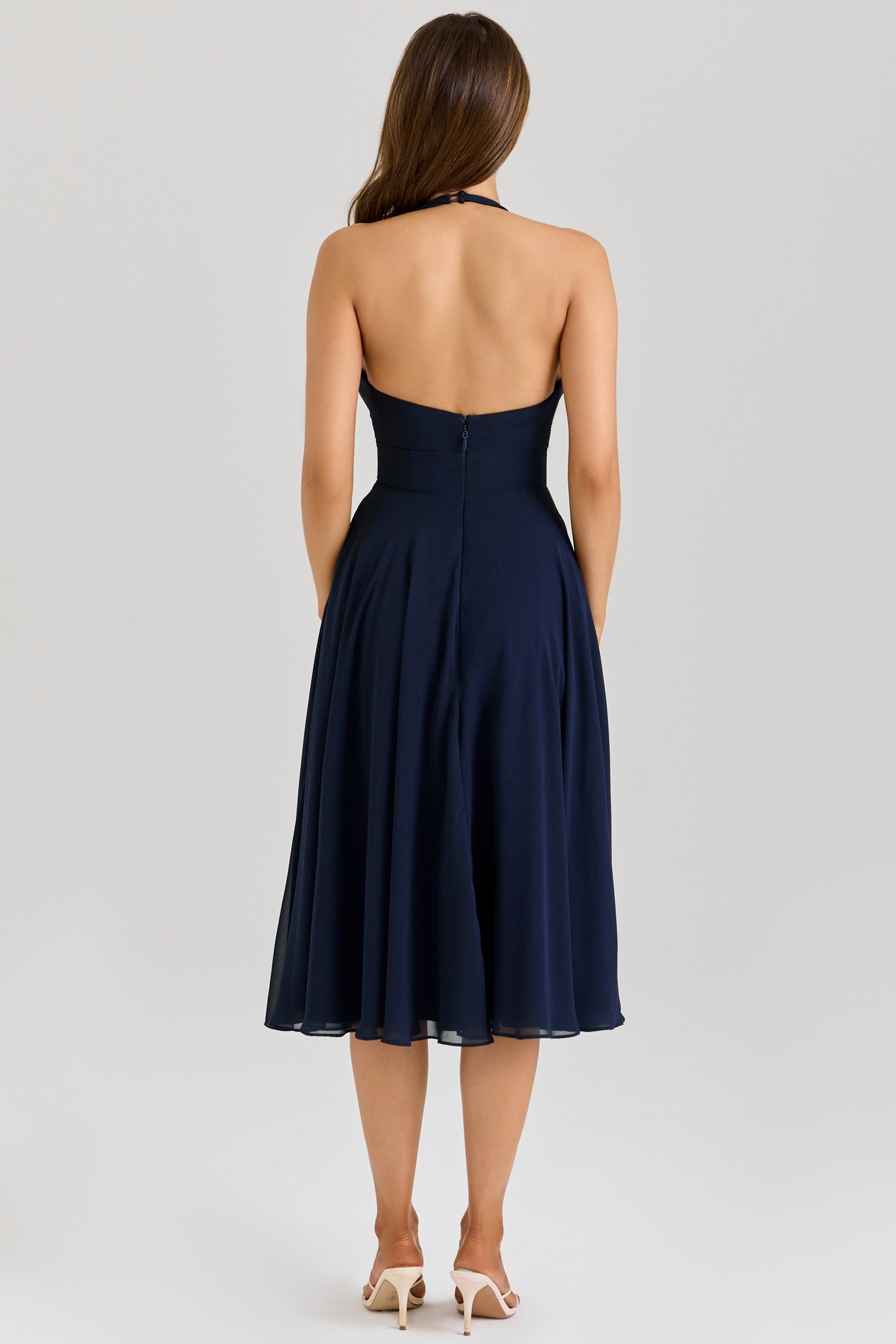 navy georgette halter midi dress
