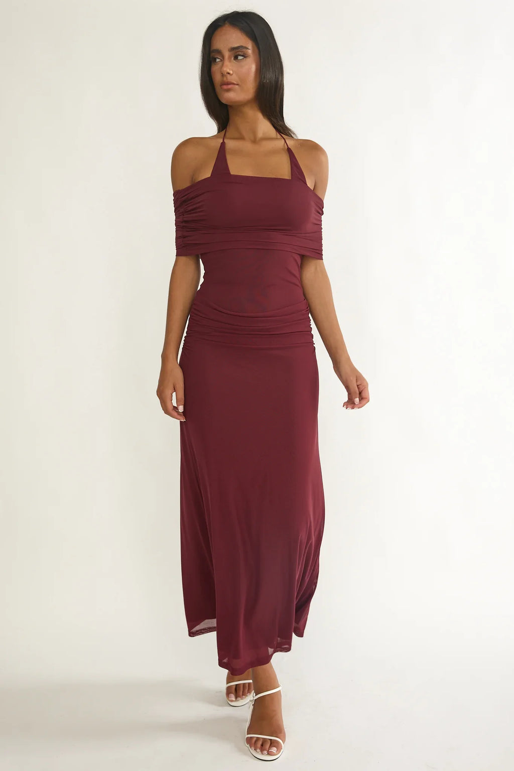 Carielle Off-Shoulder Halter Maxi Dress Wine