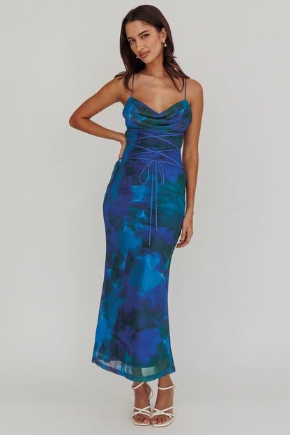 Teava Laced Waist Maxi Dress Print Blue
