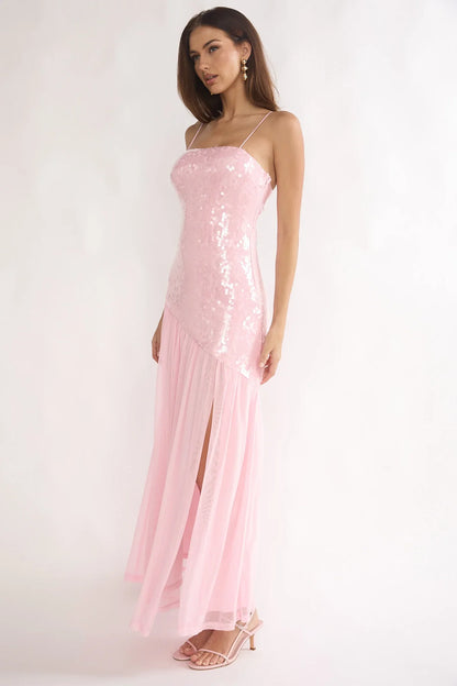 Azure Sun Drop Waist Split Maxi Dress Sequin Pink