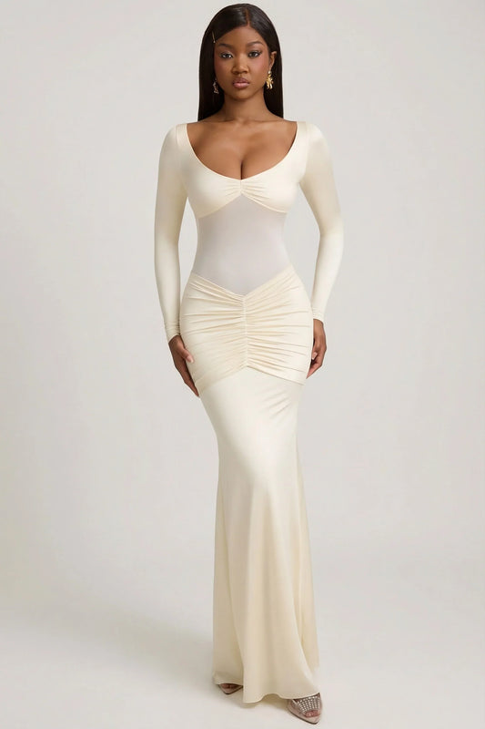 Bow-Detail Ruched Maxi Dress in Ivory