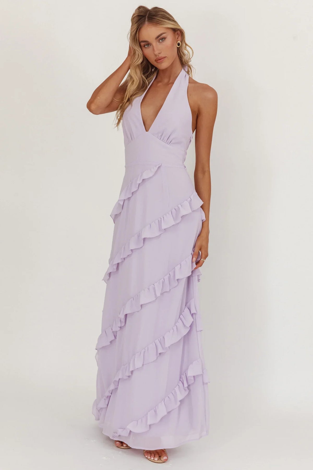 Flirt Frill Trim Halter Maxi Dress Lilac
