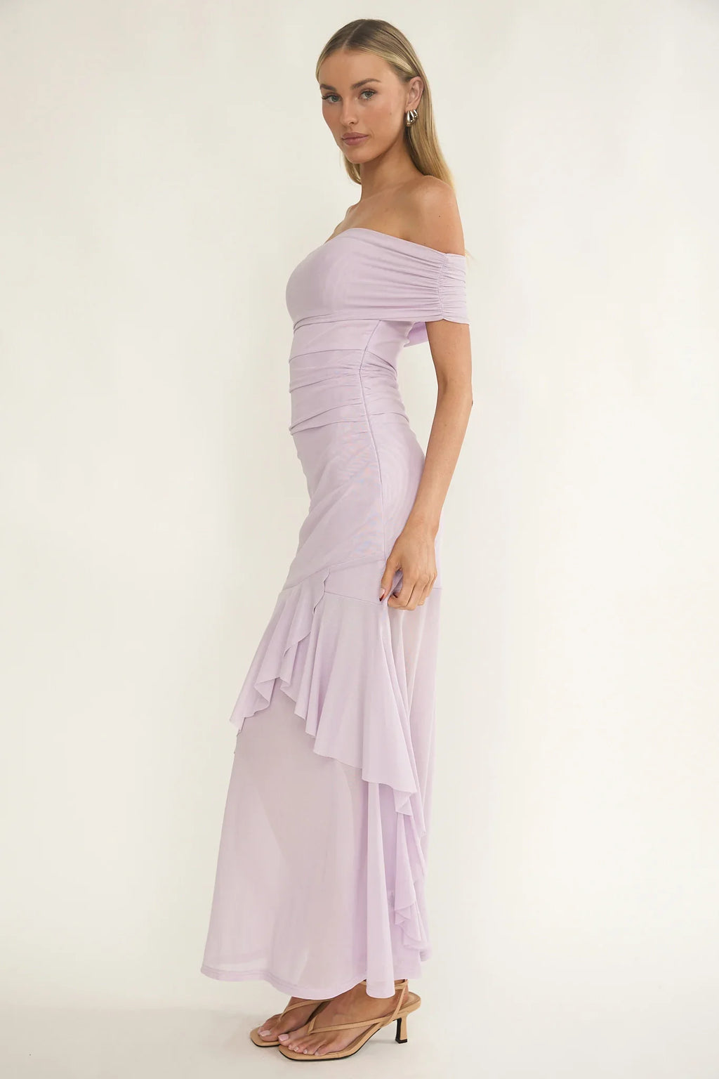 Kiarna Off-Shoulder Mesh Maxi Dress Lilac