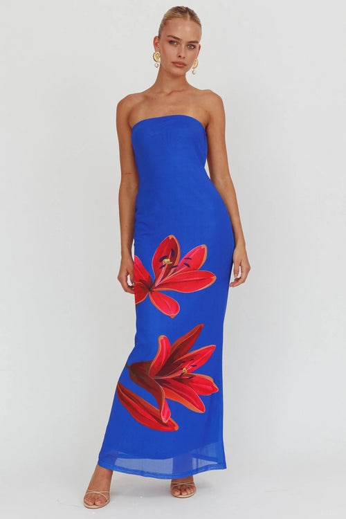 Iridian Strapless Floral Maxi Dress Blue