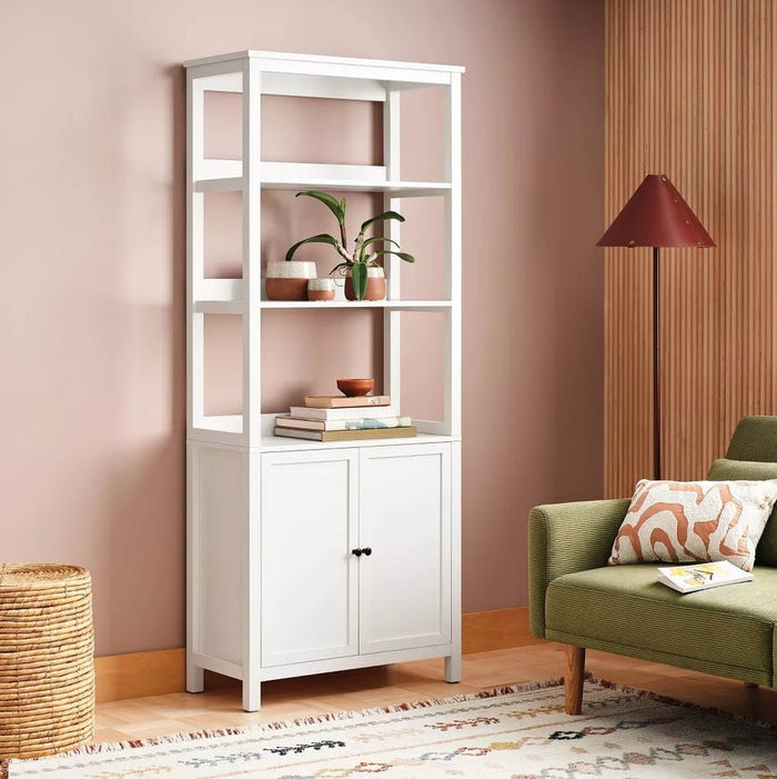 72" Bookcase Traditional With Three Open Shelves and Cabinet Classic - White - Wichita Home Outlet