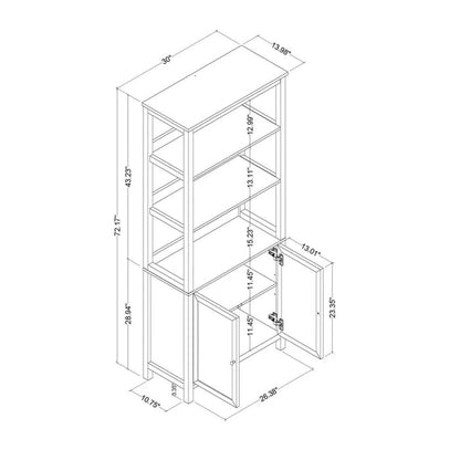 72" Bookcase Traditional With Three Open Shelves and Cabinet Classic - White - Wichita Home Outlet