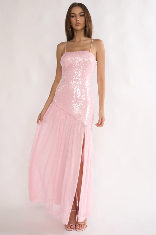 Azure Sun Drop Waist Split Maxi Dress Sequin Pink