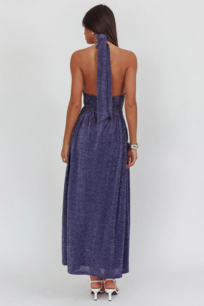 Italia Azure Gathered Waist Maxi Dress Shimmer Navy