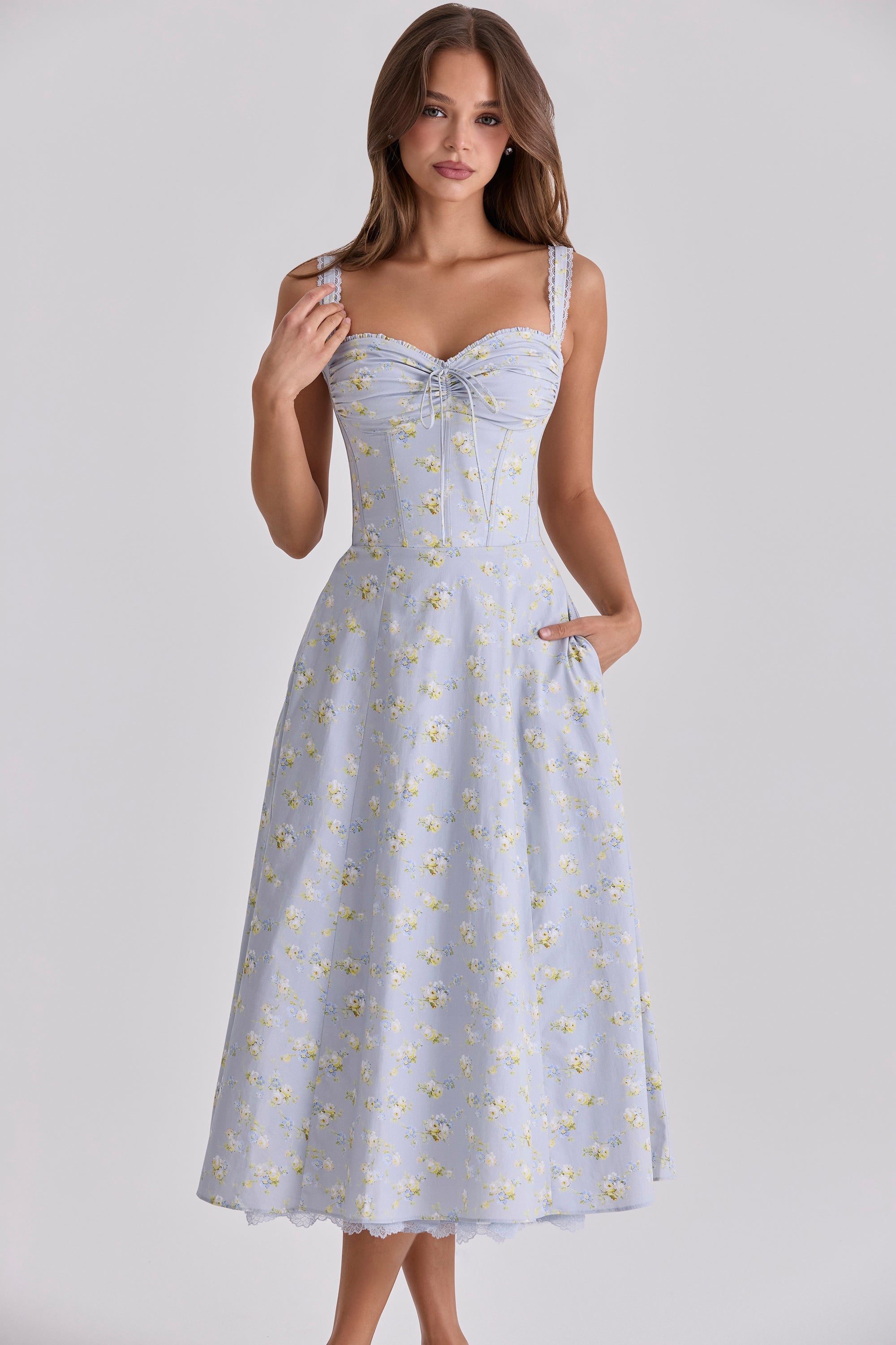 blue wildflower floral print midi dress