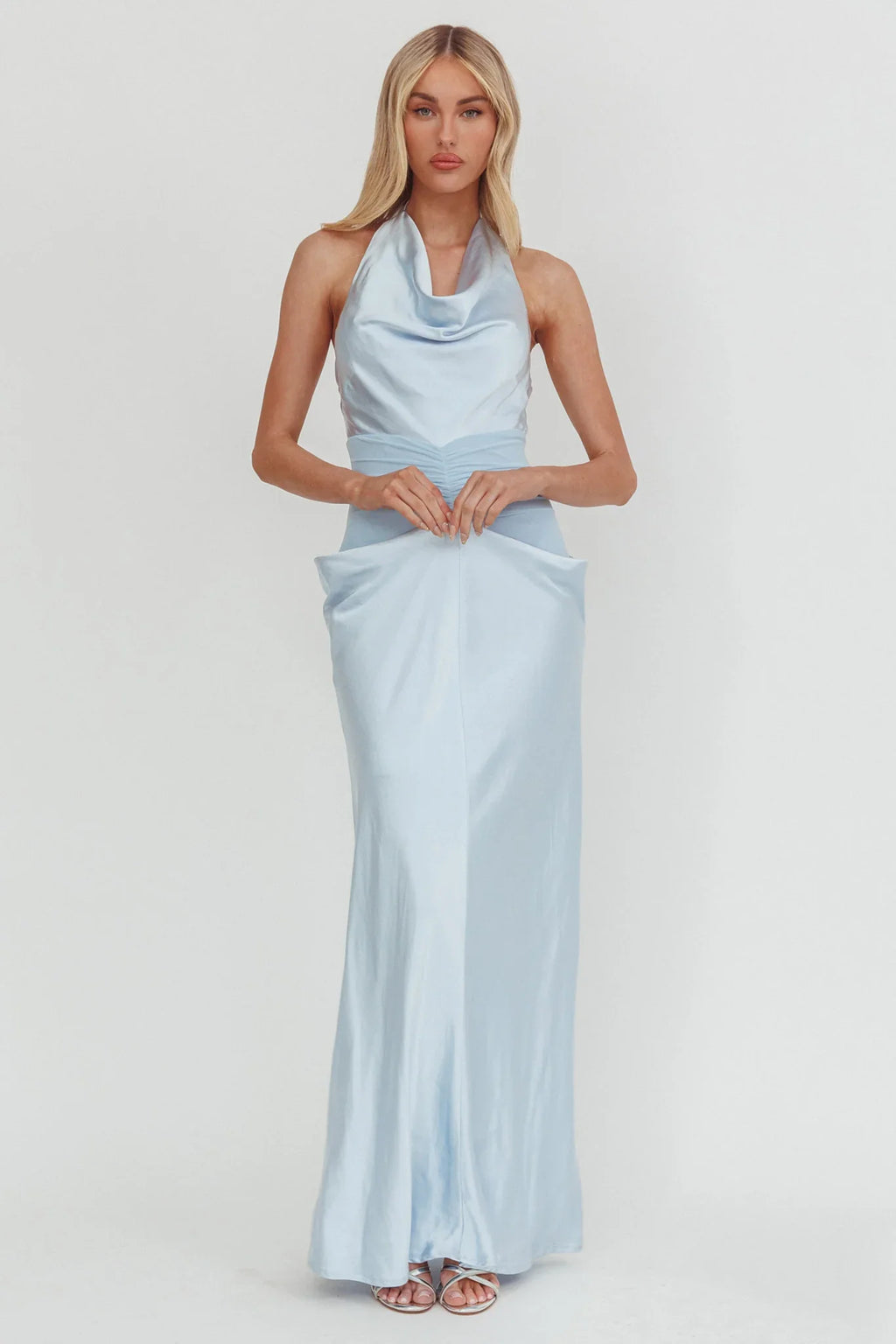 Zynthia Cowl Neck Ruched Waist Maxi Dress Ice Blue