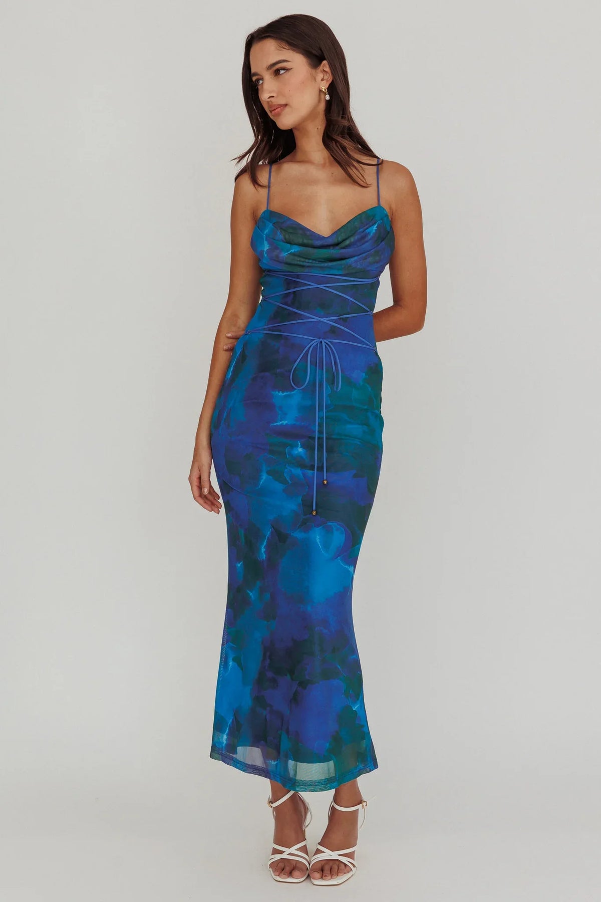 Teava Laced Waist Maxi Dress Print Blue
