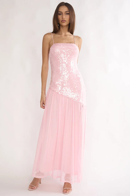 Azure Sun Drop Waist Split Maxi Dress Sequin Pink