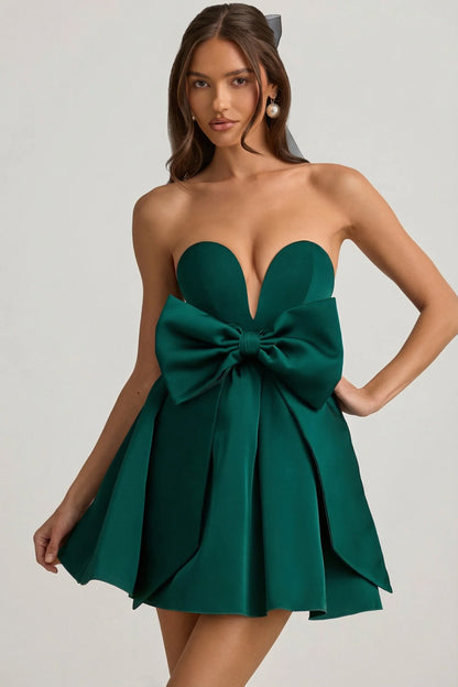 Bow-Detail Corset Mini Dress in Emerald Green