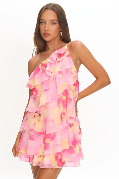 Arrabel Ruffle Trim One-Shoulder Mini Dress Floral Pink