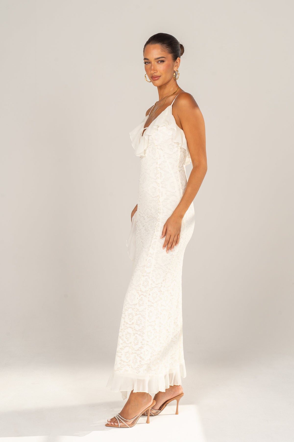 Blythe Cream Embroidered Ruffle Maxi Dress
