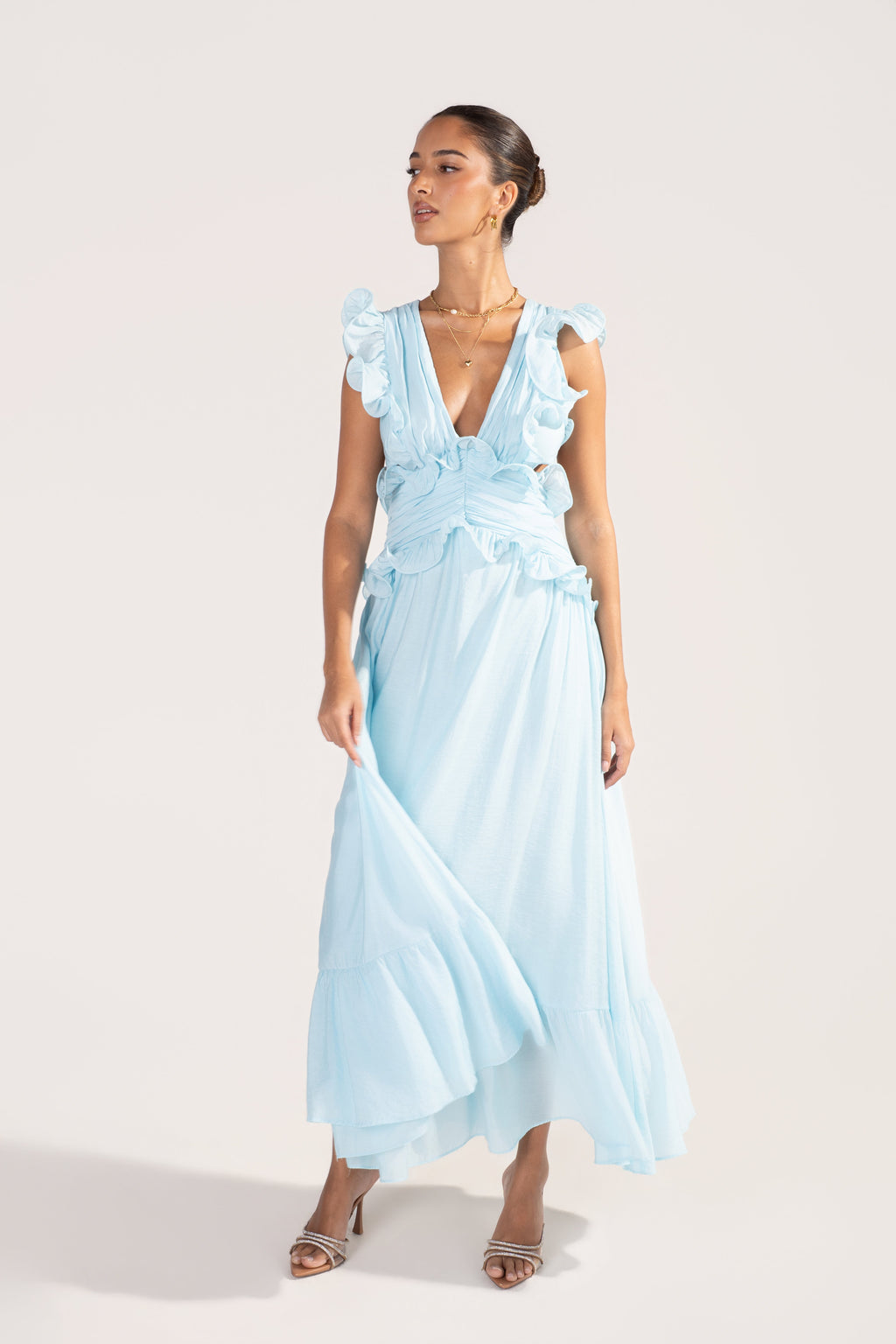 Clarisse Ruffle Trim Open Back Maxi Dress